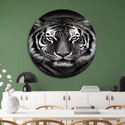 Monochroom Portret van een Majestueuze Tijger aluminium muurcirkel