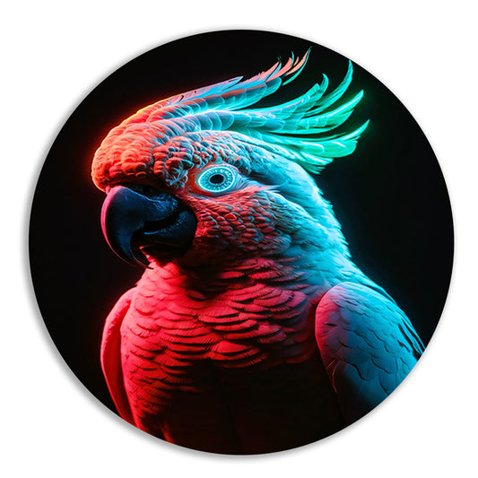 Futuristische neon papegaai in levendige kleuren aluminium muurcirkel