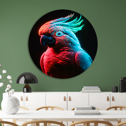 Futuristische neon papegaai in levendige kleuren aluminium muurcirkel