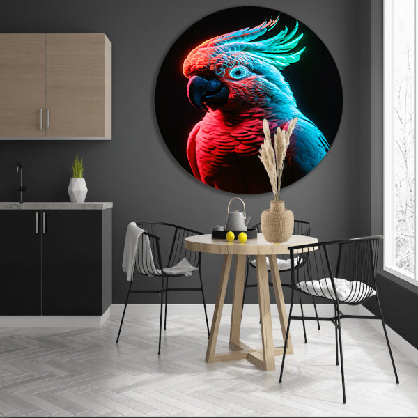 Futuristische neon papegaai in levendige kleuren aluminium muurcirkel