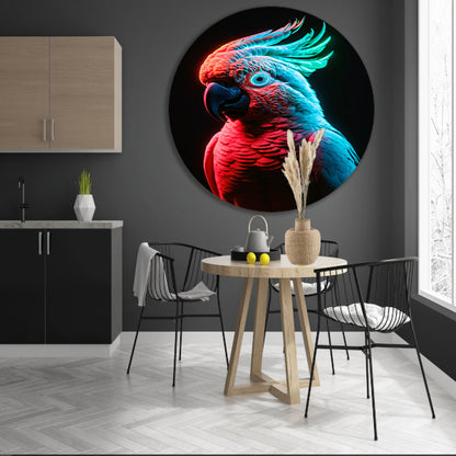 Futuristische neon papegaai in levendige kleuren aluminium muurcirkel
