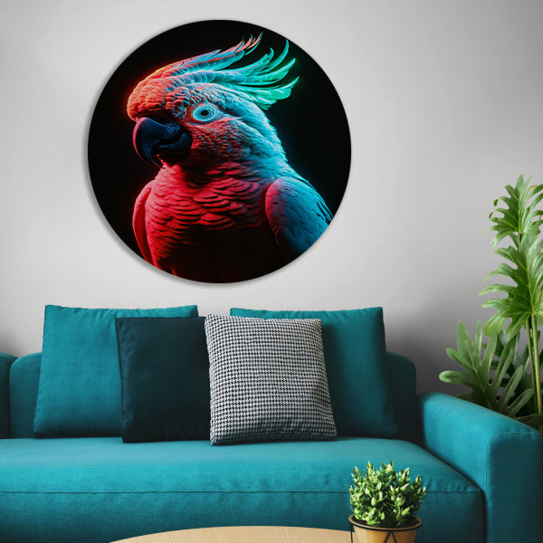 Futuristische neon papegaai in levendige kleuren aluminium muurcirkel