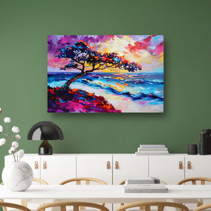 Kleurrijk abstract schilderij van boom en zee poster