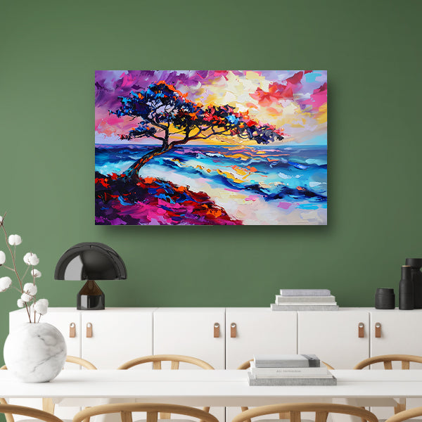 Kleurrijk abstract schilderij van boom en zee acrylglas