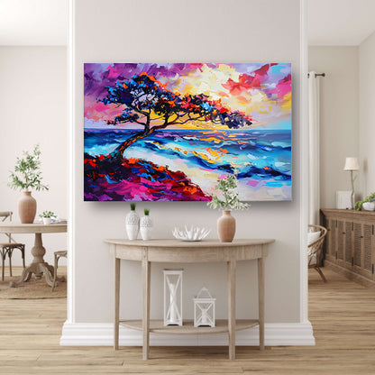 Kleurrijk abstract schilderij van boom en zee canvas met baklijst