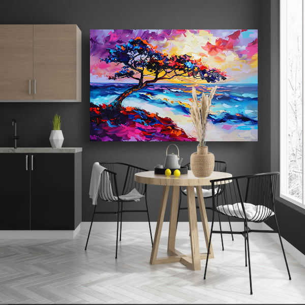 Kleurrijk abstract schilderij van boom en zee poster