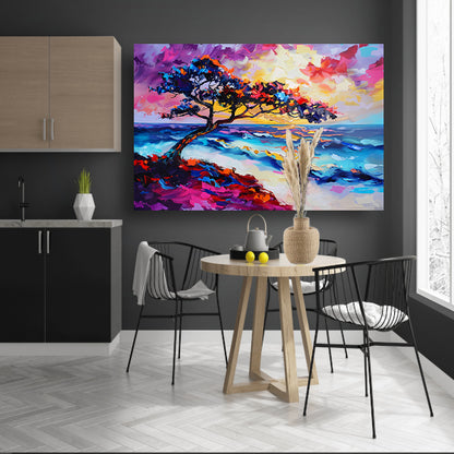 Kleurrijk abstract schilderij van boom en zee poster