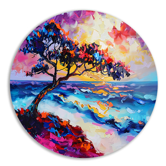 Kleurrijk abstract schilderij van boom en zee aluminium muurcirkel