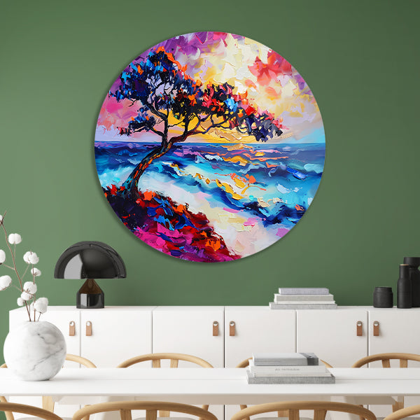 Kleurrijk abstract schilderij van boom en zee aluminium muurcirkel