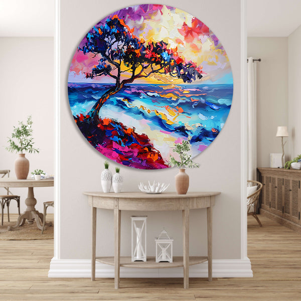 Kleurrijk abstract schilderij van boom en zee forex muurcirkel