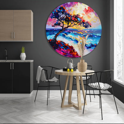 Kleurrijk abstract schilderij van boom en zee aluminium muurcirkel