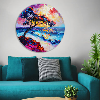 Kleurrijk abstract schilderij van boom en zee aluminium muurcirkel