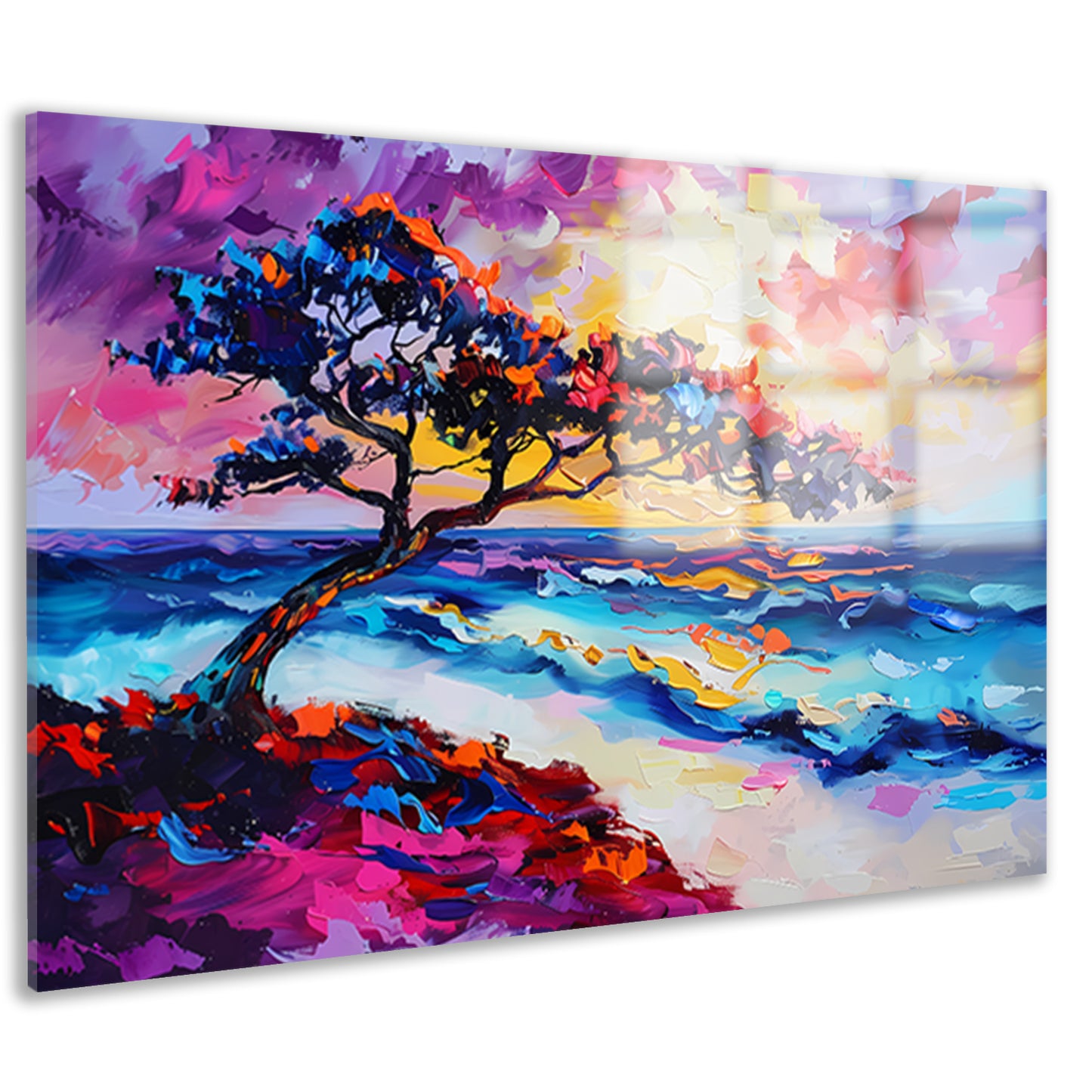 Kleurrijk abstract schilderij van boom en zee acrylglas