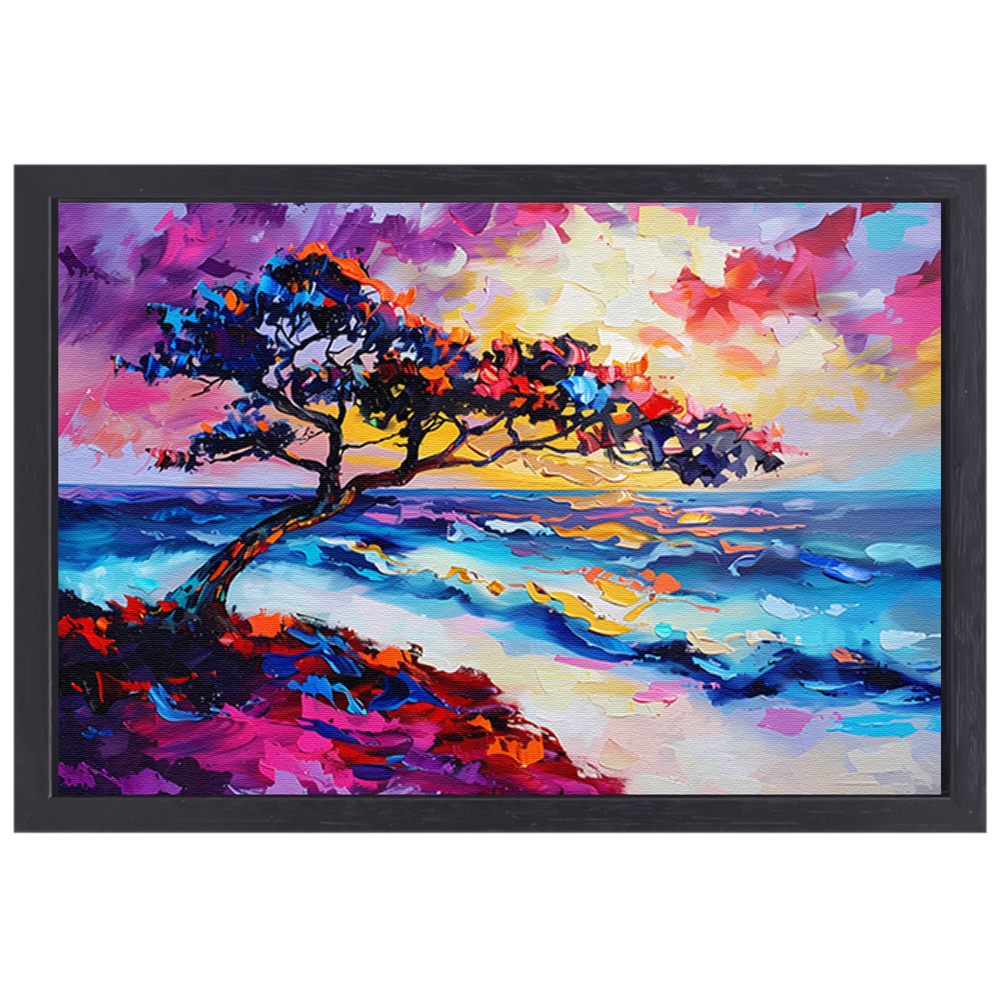 Kleurrijk abstract schilderij van boom en zee canvas met baklijst