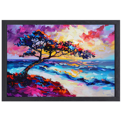 Kleurrijk abstract schilderij van boom en zee canvas met baklijst