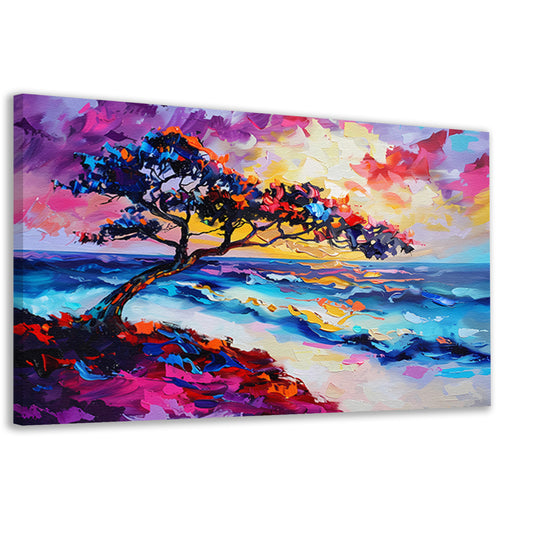 Kleurrijk abstract schilderij van boom en zee canvas