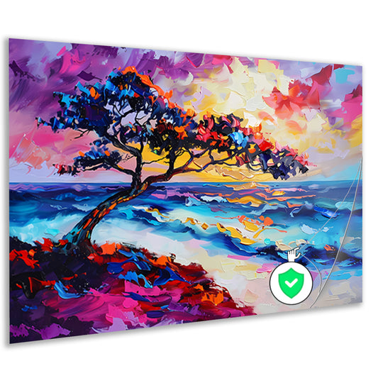 Kleurrijk abstract schilderij van boom en zee poster