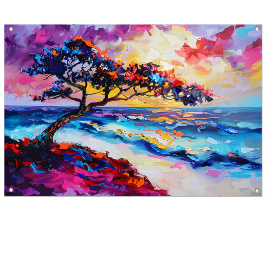 Kleurrijk abstract schilderij van boom en zee tuinposter