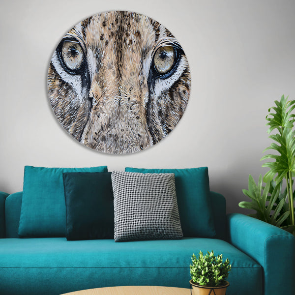 Surrealistische close-up van leeuwenogen schilderij aluminium muurcirkel