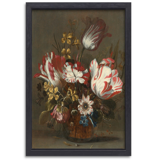 Tulpen en andere bloemen in een glazen vaas - Hans Bollongier canvas met baklijst