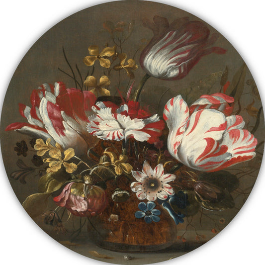 Tulpen en andere bloemen in een glazen vaas - Hans Bollongier forex muurcirkel