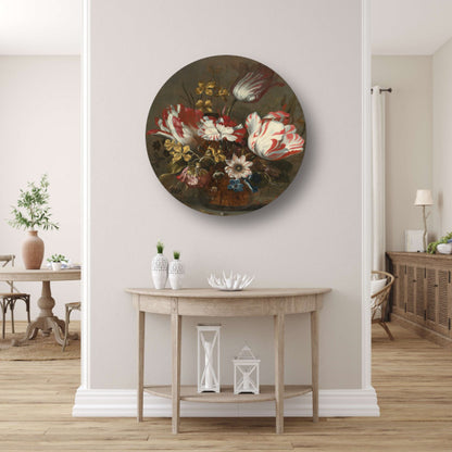 Tulpen en andere bloemen in een glazen vaas - Hans Bollongier aluminium muurcirkel