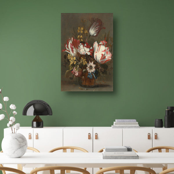 Tulpen en andere bloemen in een glazen vaas - Hans Bollongier canvas met baklijst
