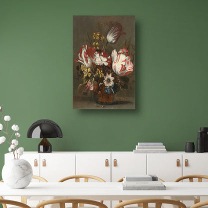 Tulpen en andere bloemen in een glazen vaas - Hans Bollongier canvas met baklijst