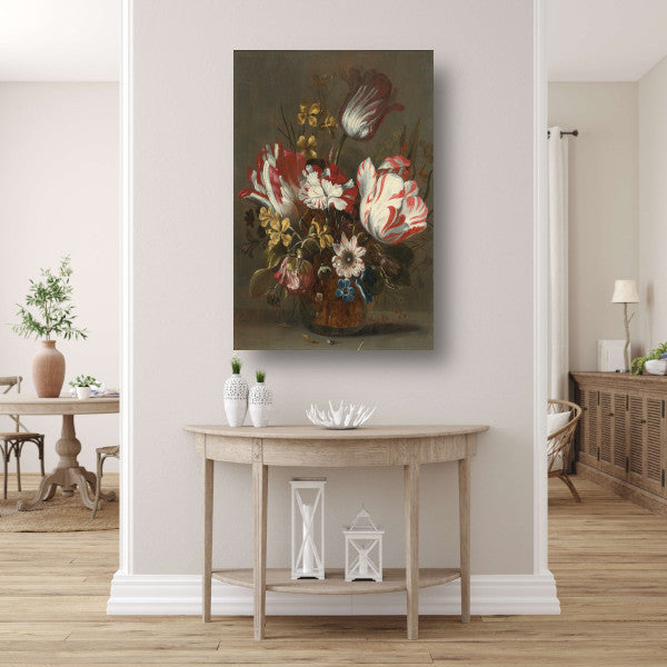 Tulpen en andere bloemen in een glazen vaas - Hans Bollongier canvas met baklijst