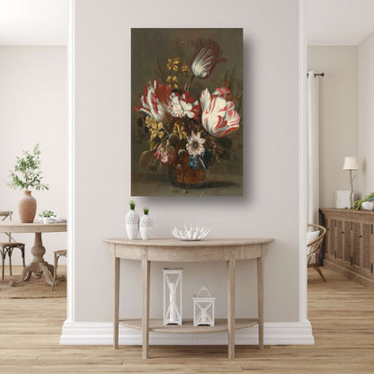 Tulpen en andere bloemen in een glazen vaas - Hans Bollongier canvas met baklijst