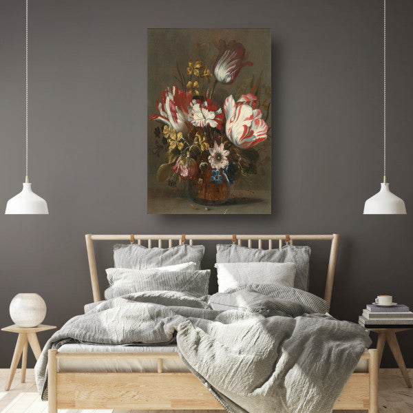 Tulpen en andere bloemen in een glazen vaas - Hans Bollongier canvas met baklijst
