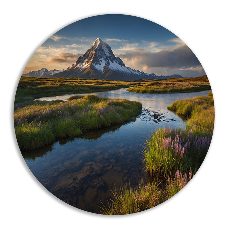 Adembenemend berglandschap met rivier en bloemen forex muurcirkel
