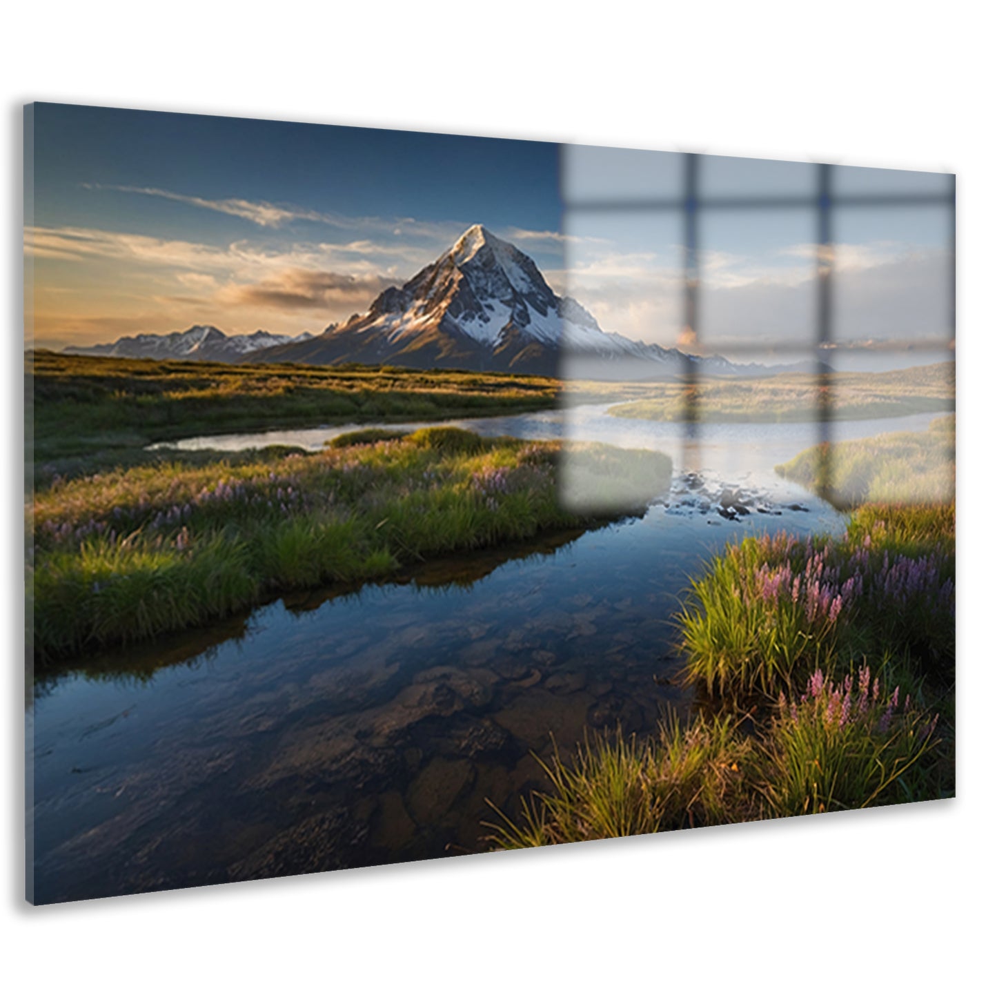 Adembenemend berglandschap met rivier en bloemen acrylglas