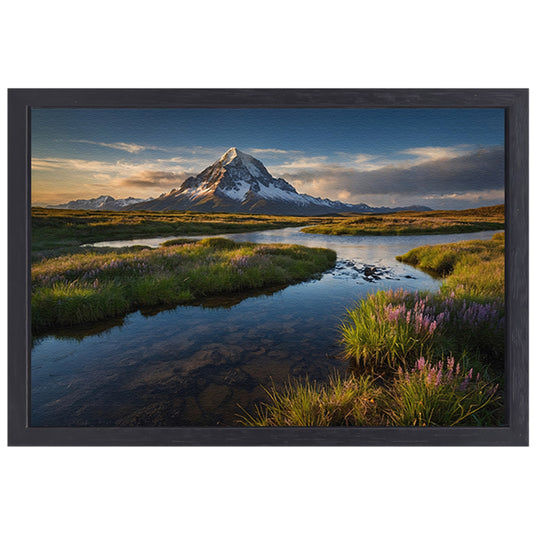 Adembenemend berglandschap met rivier en bloemen canvas met baklijst