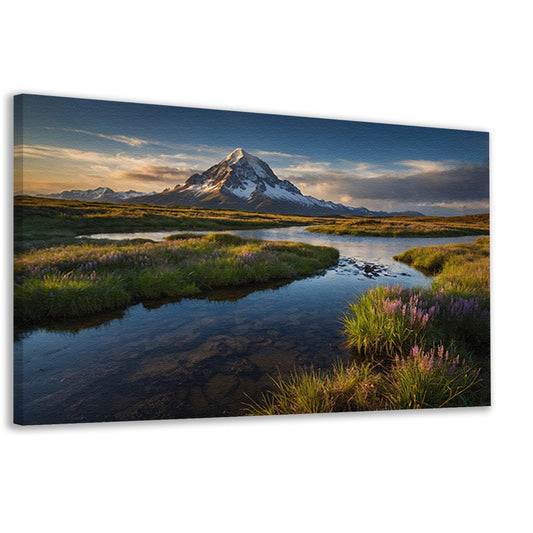 Adembenemend berglandschap met rivier en bloemen canvas