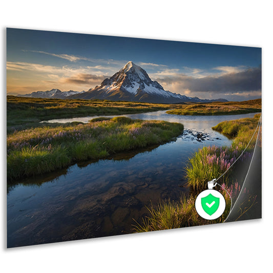 Adembenemend berglandschap met rivier en bloemen poster