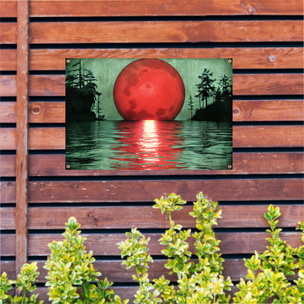 Rode zonsondergang boven serene wateren tuinposter