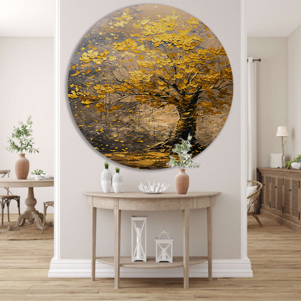 Boom met gouden bladeren in abstracte stijl aluminium muurcirkel