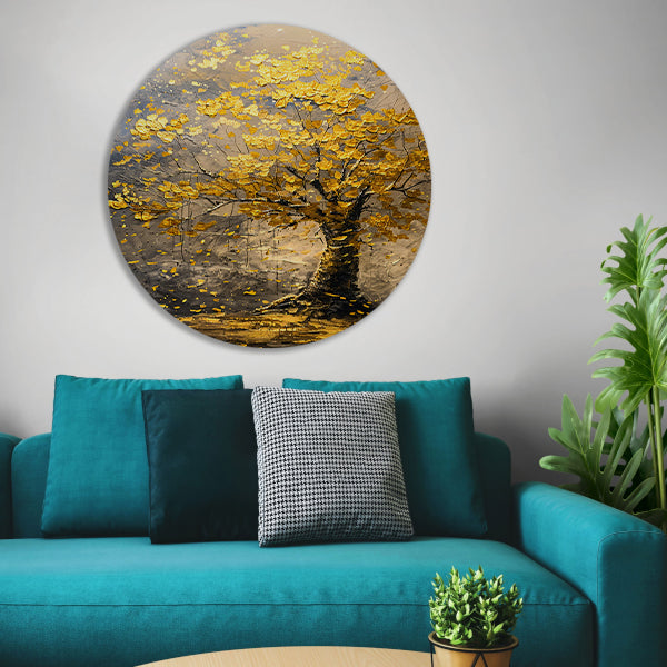 Boom met gouden bladeren in abstracte stijl aluminium muurcirkel