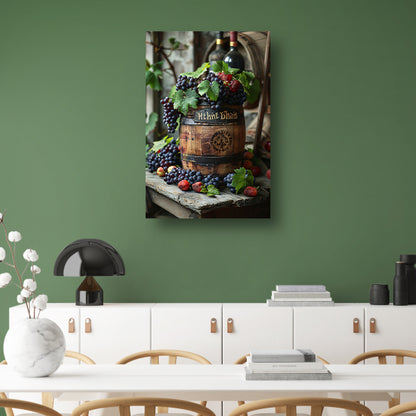 Stilleven met druiven, aardbeien en houten vat canvas