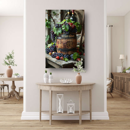 Stilleven met druiven, aardbeien en houten vat canvas