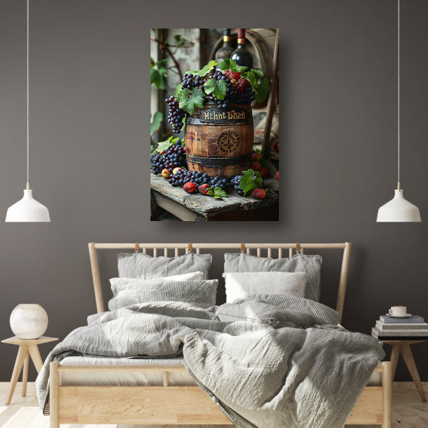 Stilleven met druiven, aardbeien en houten vat canvas