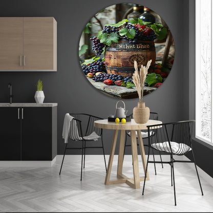 Stilleven met druiven, aardbeien en houten vat aluminium muurcirkel
