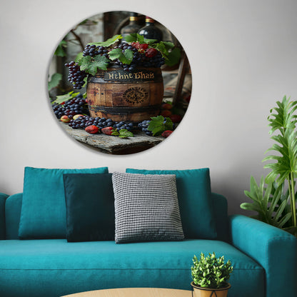 Stilleven met druiven, aardbeien en houten vat aluminium muurcirkel