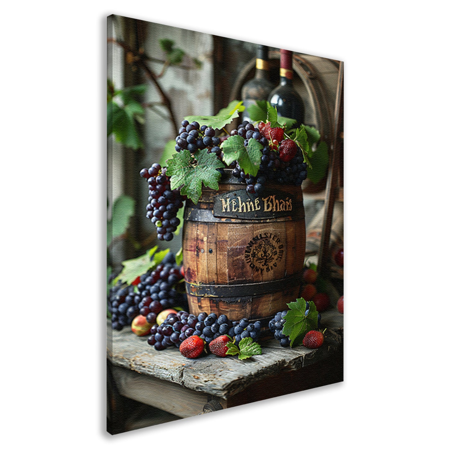 Stilleven met druiven, aardbeien en houten vat canvas