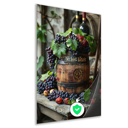 Stilleven met druiven, aardbeien en houten vat poster
