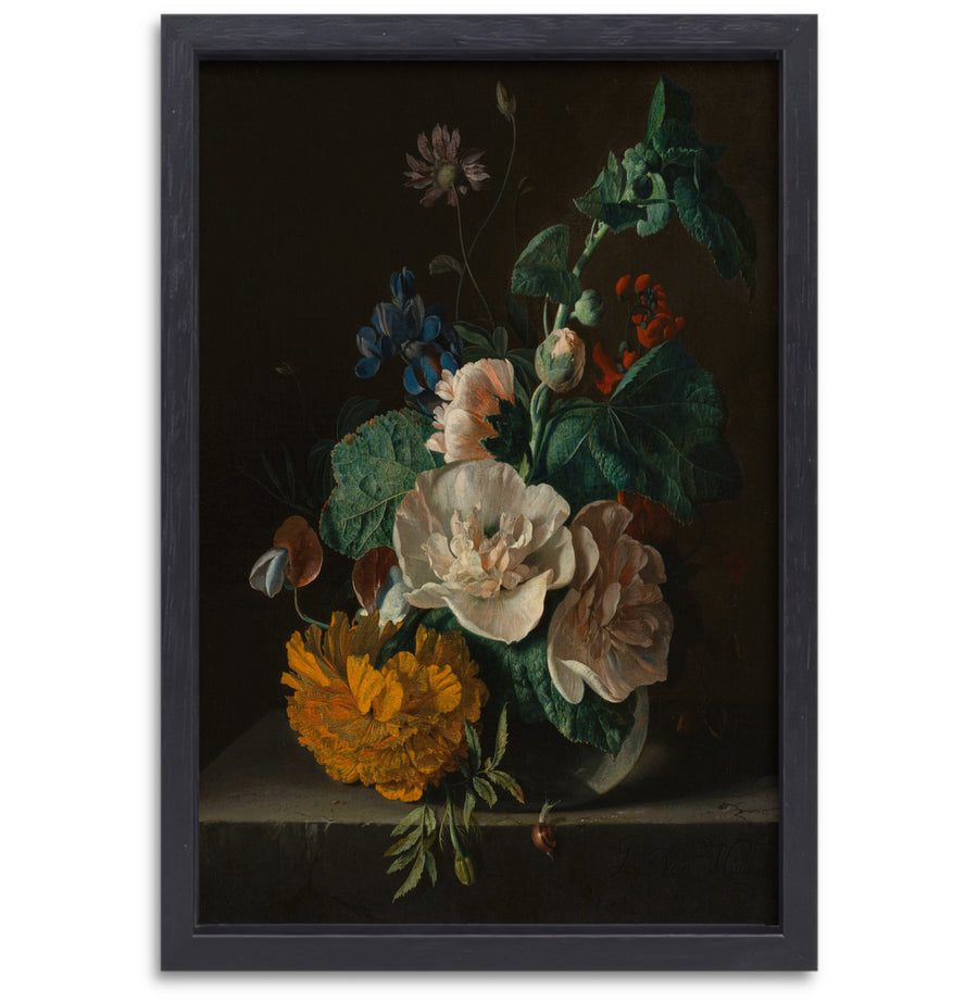 Bloemenstilleven met stokroos en goudsbloem - Jan van Huysum canvas met baklijst