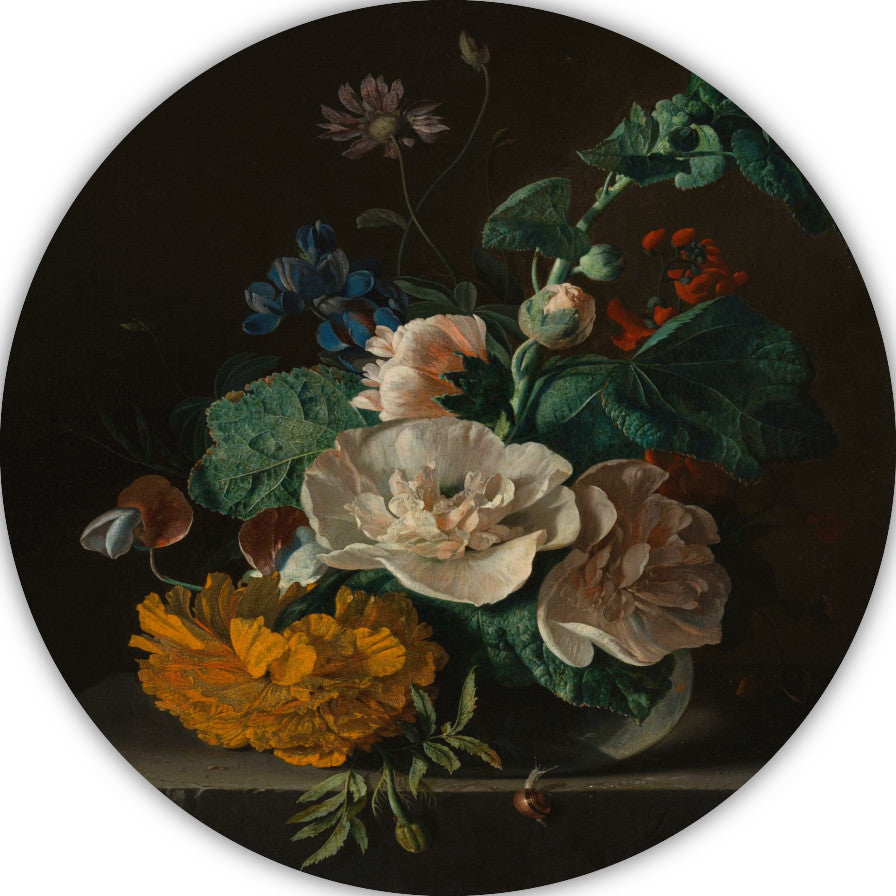 Bloemenstilleven met stokroos en goudsbloem - Jan van Huysum forex muurcirkel
