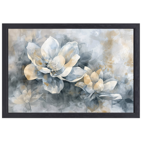 Monochrome Bloemen Abstractie in Grijs en Beige canvas met baklijst