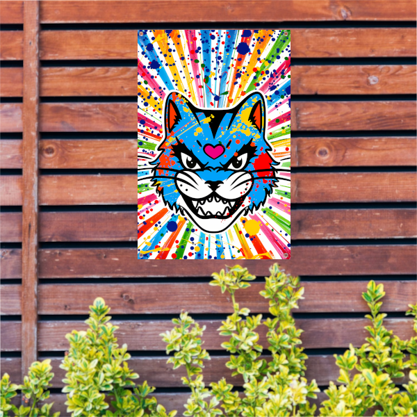 Kleurrijke kat met abstracte spatten achtergrond tuinposter